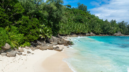 An idyllic beach with turquoise waters, fine sand, and surrounded by lush greenery. Anse Intendance. Seychelles, Mahe.