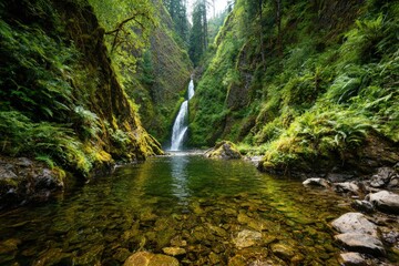 Emerald Waterfall In Lush Forest Gorge