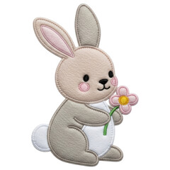 Obraz premium Adorable felt applique style cartoon bunny holding a pink flower on transparent background