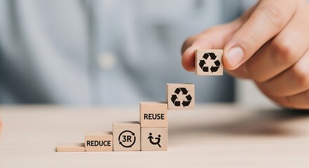 Hand placing wooden block with recycle symbol on step representing the three rs of sustainability concept