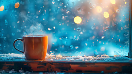 Steaming cup of hot coffee or tea by a window with raindrops and blue bokeh background - Generative AI