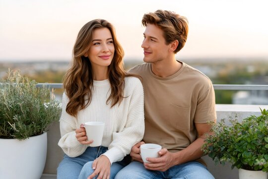 Happy couple enjoying coffee on a rooftop balcony