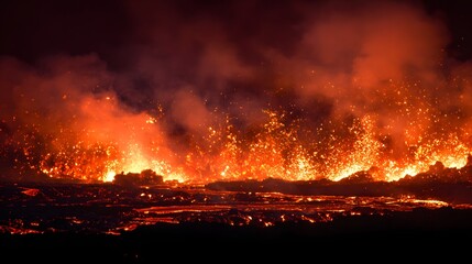 Intense volcanic eruption spews incandescent molten material high into the dark night sky