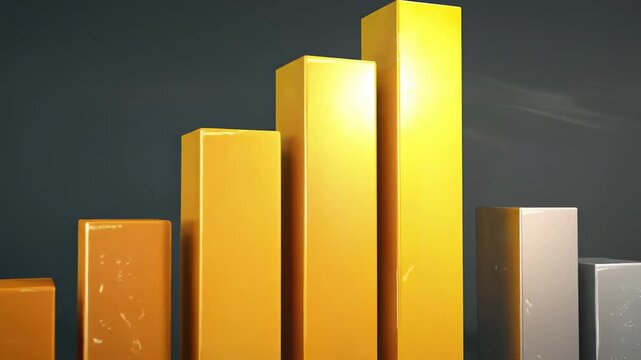 A 3D bar chart with glossy golden and grey columns of varying heights against a dark grey background