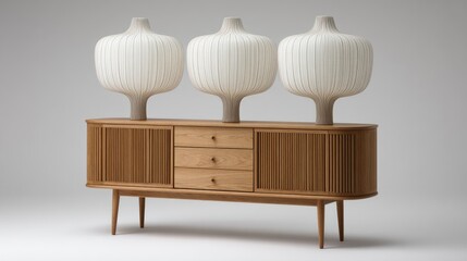 Mid-Century Wooden Sideboard With Decorative Lamps
