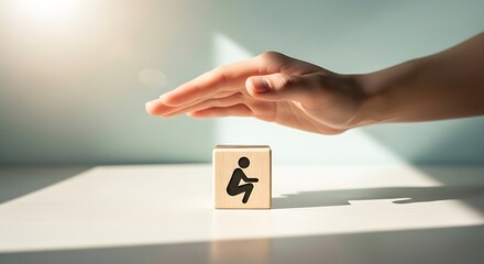 Hand protecting small wooden block with squatting person icon, symbolizing safety, hygiene, or restroom access concept