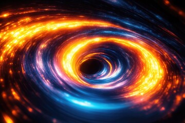 A vibrant cosmic vortex of swirling orange, blue, and purple light, creating a dazzling abstract energy tunnel leading to a dark center.