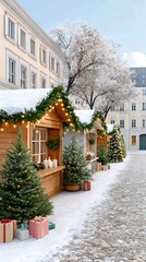 Naklejka premium Christmas market stalls lining a snowy festive town street