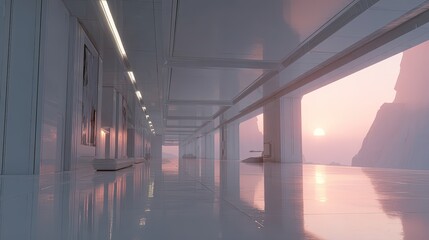 Empty White Modern Corridor With Pink Sunset Light