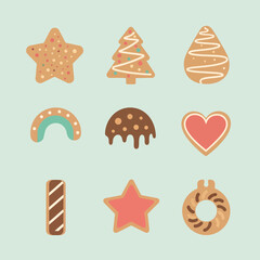 A row of five pastel Christmas stockings hanging on a line against a light green background.