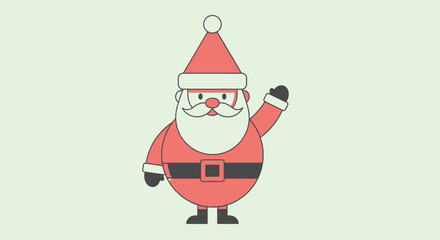 Simple flat illustration of Santa Claus waving, wearing a red suit and hat with a white beard, on a light green background.