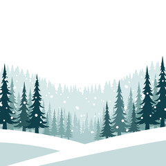 A serene winter landscape with a dense forest of snow-covered evergreen trees and falling snowflakes.
