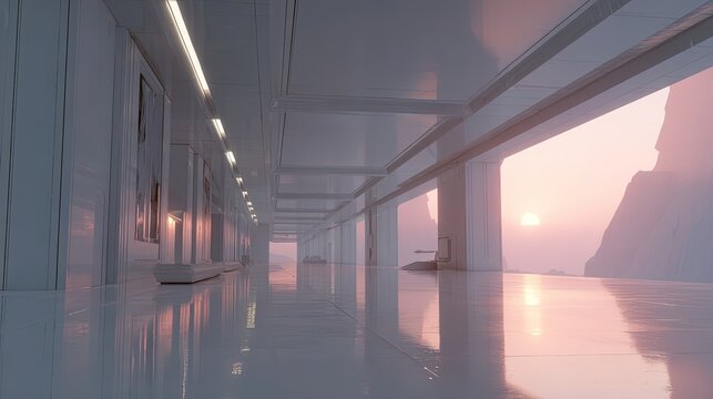 Empty White Modern Corridor With Pink Sunset Light - Powered by Adobe