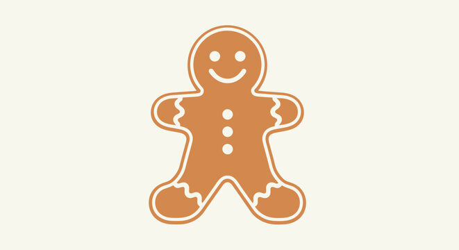 A cheerful gingerbread man cookie with white icing details, smiling on a plain light background, symbolizing holiday baking and sweet treats.