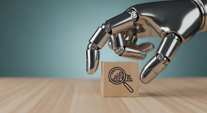 Robotic hand holding a wooden block with a magnifying glass over a bar chart icon, symbolizing data analysis or ai research