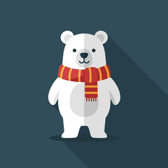 A cute cartoon polar bear wearing a red and yellow striped scarf with a long shadow on a dark background.
