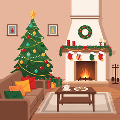A cozy living room decorated for Christmas with a festive tree, fireplace, sofa, and coffee table with hot cocoa and cookies.