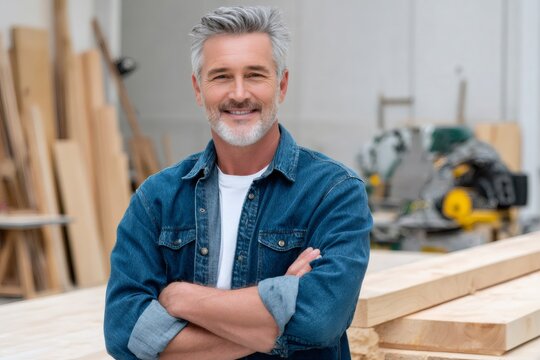 Smiling confident mature carpenter standing in workshop