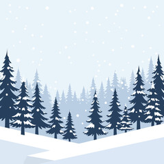 A serene winter landscape with a dense forest of snow-covered pine trees under a gentle snowfall, rendered in cool blue and white tones.