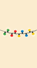 A string of colorful decorative lights with red, green, blue, and yellow bulbs on a light background.