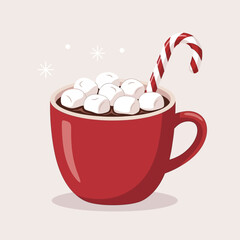 A red mug of hot chocolate with marshmallows and a candy cane, with snowflakes in the background.