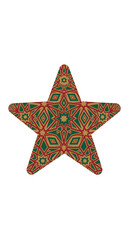 Intricate five-pointed star with a detailed geometric pattern in festive red, green, and gold colors, resembling a kaleidoscope or mandala design.