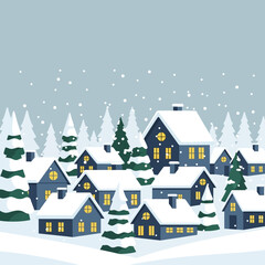 A picturesque winter village scene with snow-covered houses, glowing windows, and evergreen trees under falling snow.