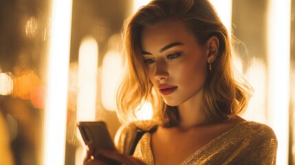 Elegant woman with golden hair illuminated by cool lights, focusing on her smartphone, symbolizing modern lifestyle and digital elegance, soft cinematic glow, refined facial features, stylish 