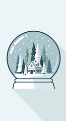 A charming flat illustration of a winter wonderland inside a snow globe, featuring a cozy house nestled among snow-covered pine trees with falling snowflakes.