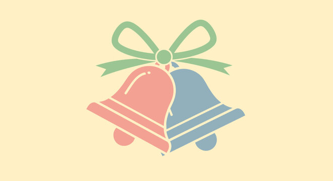 Two pastel-colored bells, one pink and one blue, tied together with a green bow on a light background, symbolizing celebration or wedding.