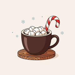 A cozy illustration of hot chocolate with marshmallows and a candy cane on a wooden coaster, surrounded by snowflakes.