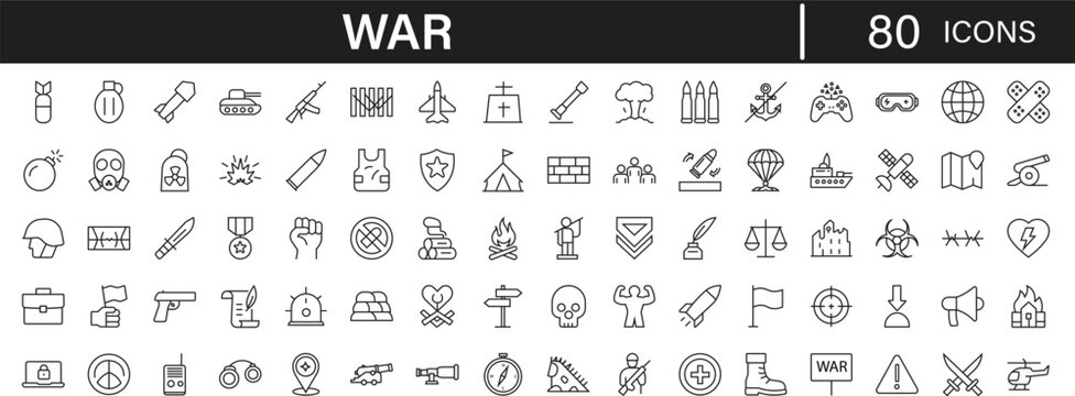 War editable line icons pack. Battle, conflict, army, military, weapon, soldier, combat, attack, defense, strategy, bomb, shield, security and more icons.