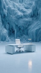 Modern Minimalist White Desk In Frozen Ice Cave