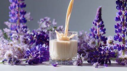 Splash of creamy lupin milk being poured into a glass surrounded by purple flowers, symbolizing vegan drinks and plant-based nutrition, soft natural lighting, smooth liquid texture, botanical aesthet