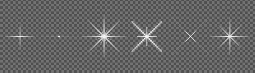 Collection of various light glare effects, including starbursts, lens flares, and sparkling elements, designed for transparent overlay on digital projects and graphic designs