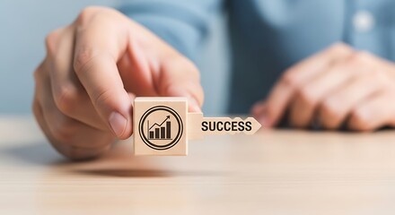 Hand holding wooden block with growth chart icon pointing towards a block labeled success concept for business achievement