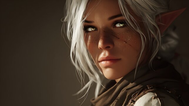 Detailed portrait captures the intensity of a female fantasy being with pointed ears and silver hair