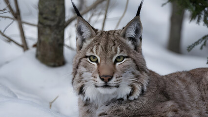 Obraz premium Close up portrait of a wild eurasian lynx with striking eyes in a snowy forest during winter