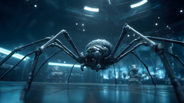 Large robotic arachnid creature looms inside futuristic industrial setting