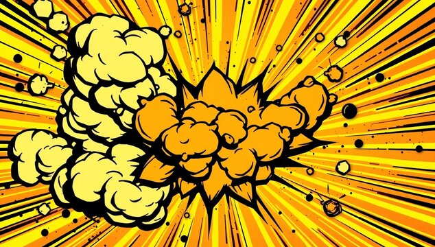 Vibrant Comic Book Explosion Background Dynamic Pop Art Boom with Smoke and Yellow Speed Lines