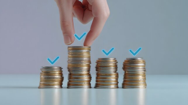 Hand adjusts one of four stacks of metal currency to signify financial achievement