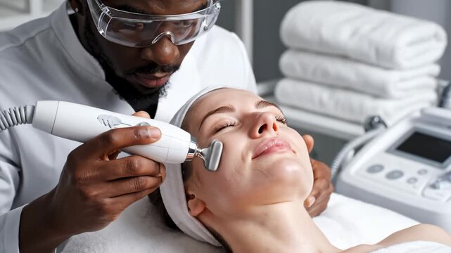 Beautician Performing Facial Treatment on Woman With Microcurrent Device in Spa
