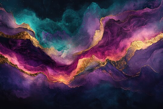 A vibrant abstract composition featuring flowing purple, pink, teal, and gold hues, reminiscent of cosmic nebulae or luxurious fluid art. - Powered by Adobe