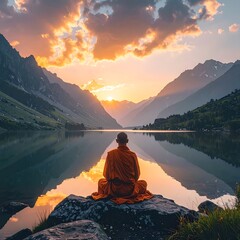 A serene figure meditates facing a sunset over a majestic mountain lake