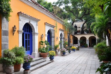 Traditional Mexican hacienda courtyard with colonial architecture