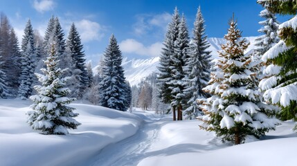 Obraz premium Winter path winding through snow-covered forest mountain landscape