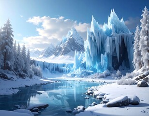 A serene icy landscape featuring frosted trees, mountains, and water