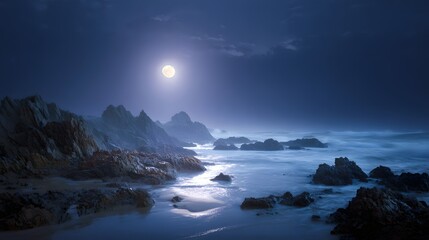 Fototapeta premium Illuminated full moon hangs over a rugged, rocky coastline bathed in deep blue twilight.