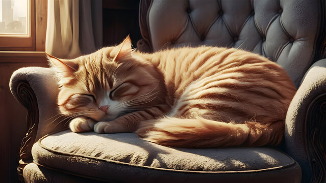 Cozy orange tabby cat curled up sleeping peacefully on a vintage tufted armchair bathed in warm sunlight