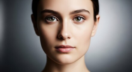 Close-up portrait of a young woman with clear skin and piercing eyes
